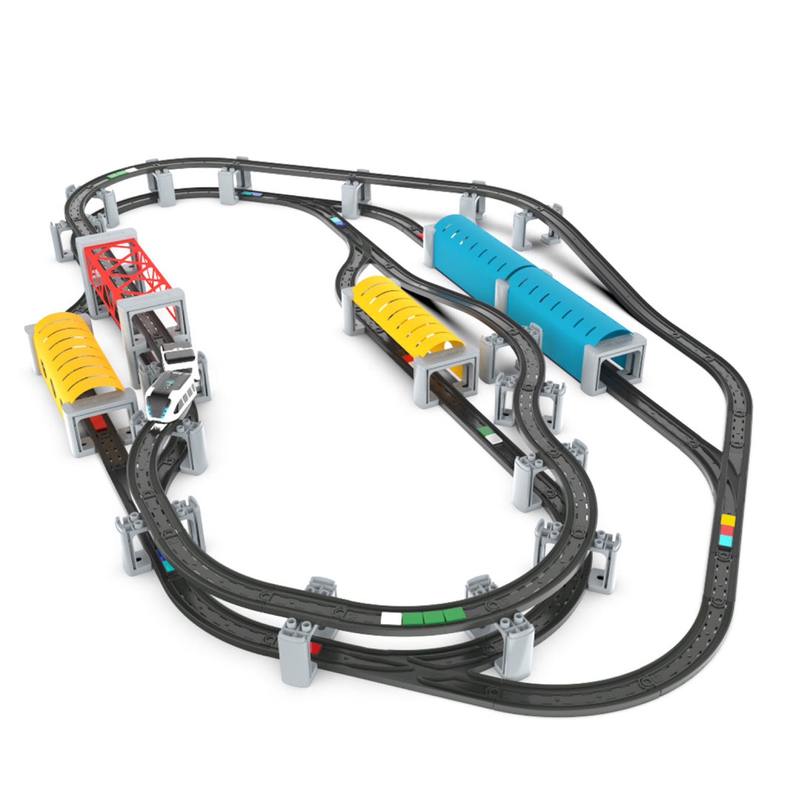 増設レール、橋脚、鉄橋、駅、トンネルを組み合わせたスマートトレインの立体レイアウト